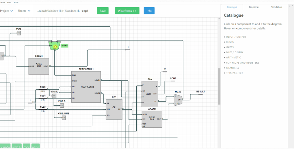 Digital circuit schematic editor interface showing components and wiring